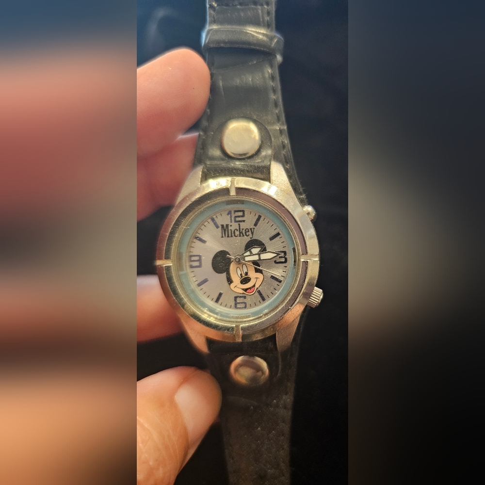 Disney Mickey Mouse Silver Tone Watch, Black Bund Strap, 33mm GUC